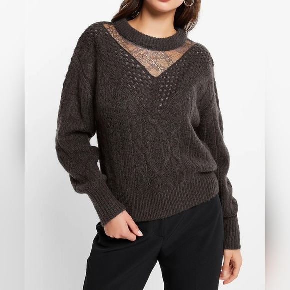 EXPRESS Cable Knit Crew Neck Lace Wool Blend Sweater Dark Gray XL - Picture 1 of 11